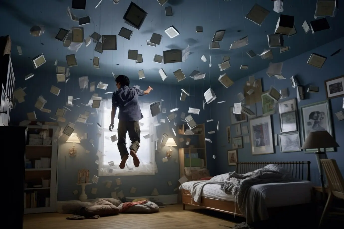 Person, die den Gesetzen der Schwerkraft trotzt, indem sie in der Luft schwebt.